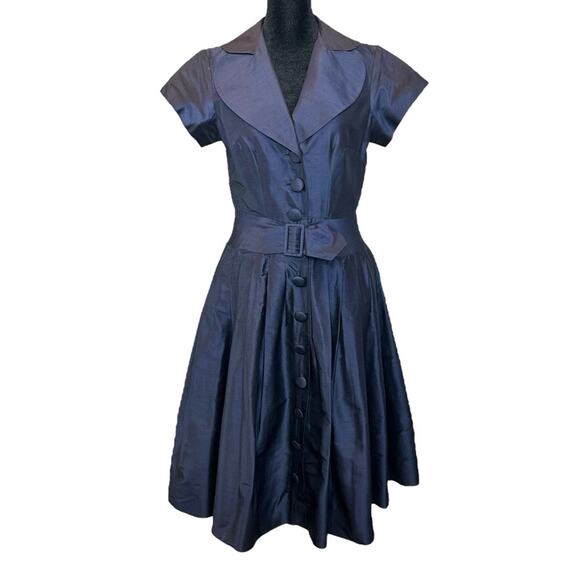 Teri Jon by Rickie Freeman Dresses & Skirts - Teri Jon Navy Blue Structured Belted Silk Dress Rockabilly Wedding Guest Size 4
